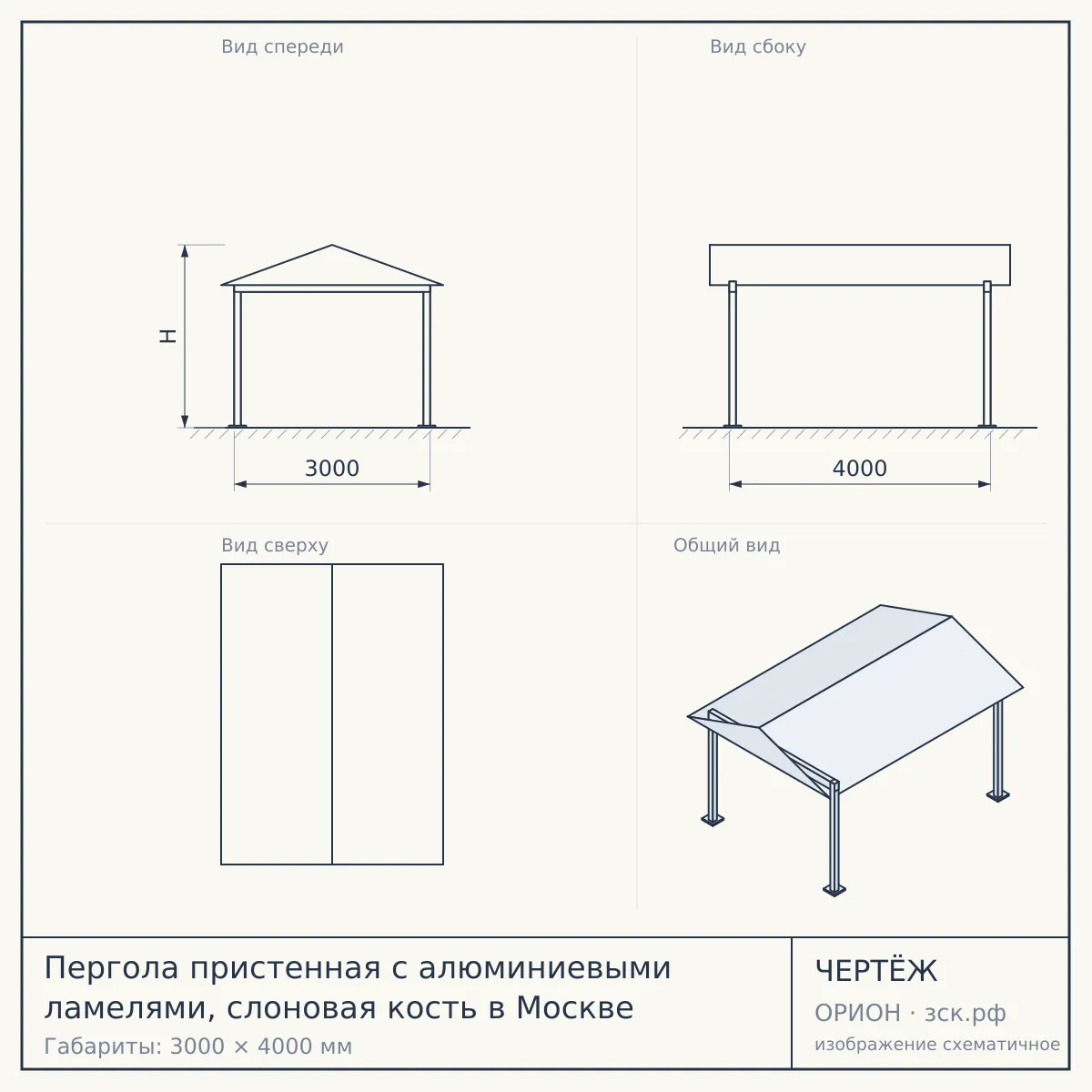 Пергола пристенная с алюминиевыми ламелями, слоновая кость в Москве — чертёж